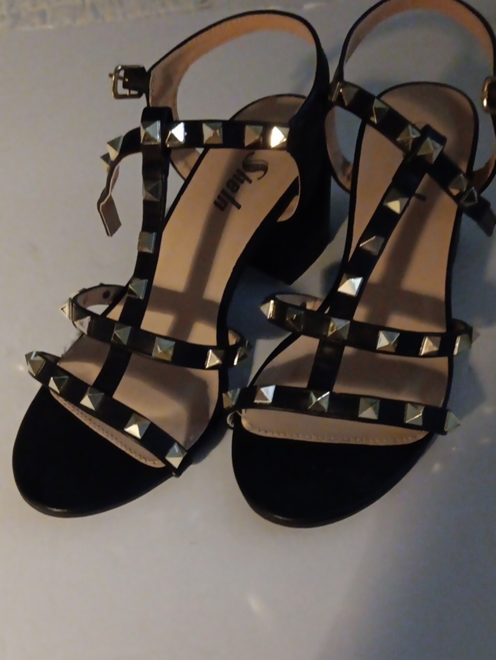 Studded T-Strap Block Heel Sandals - Black